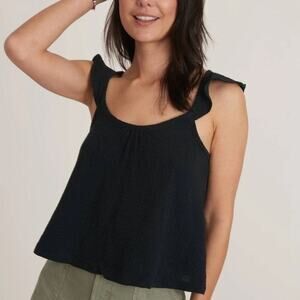 Marine Layer Jude Tank Top Ruffle Flutter Sleeve Crinkled Cotton Black NWT M